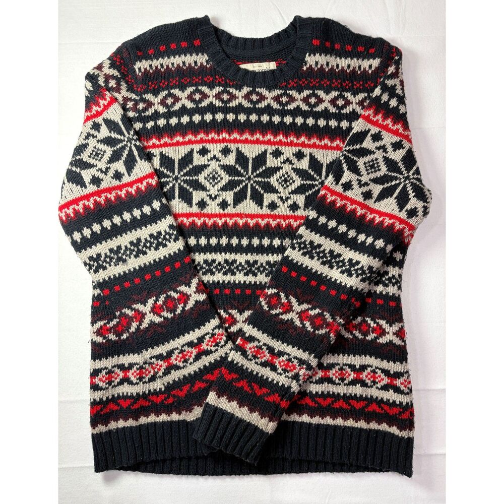 Abercrombie & Fitch Fair Isle Nordic Snowflake Wool Blend Sweater Black Red XL